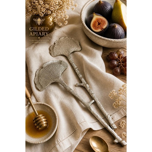 The Unbranded Brand Other - Vintage Ginkgo Leaf Salad Servers Silver Tone Botanical Serving Utensils